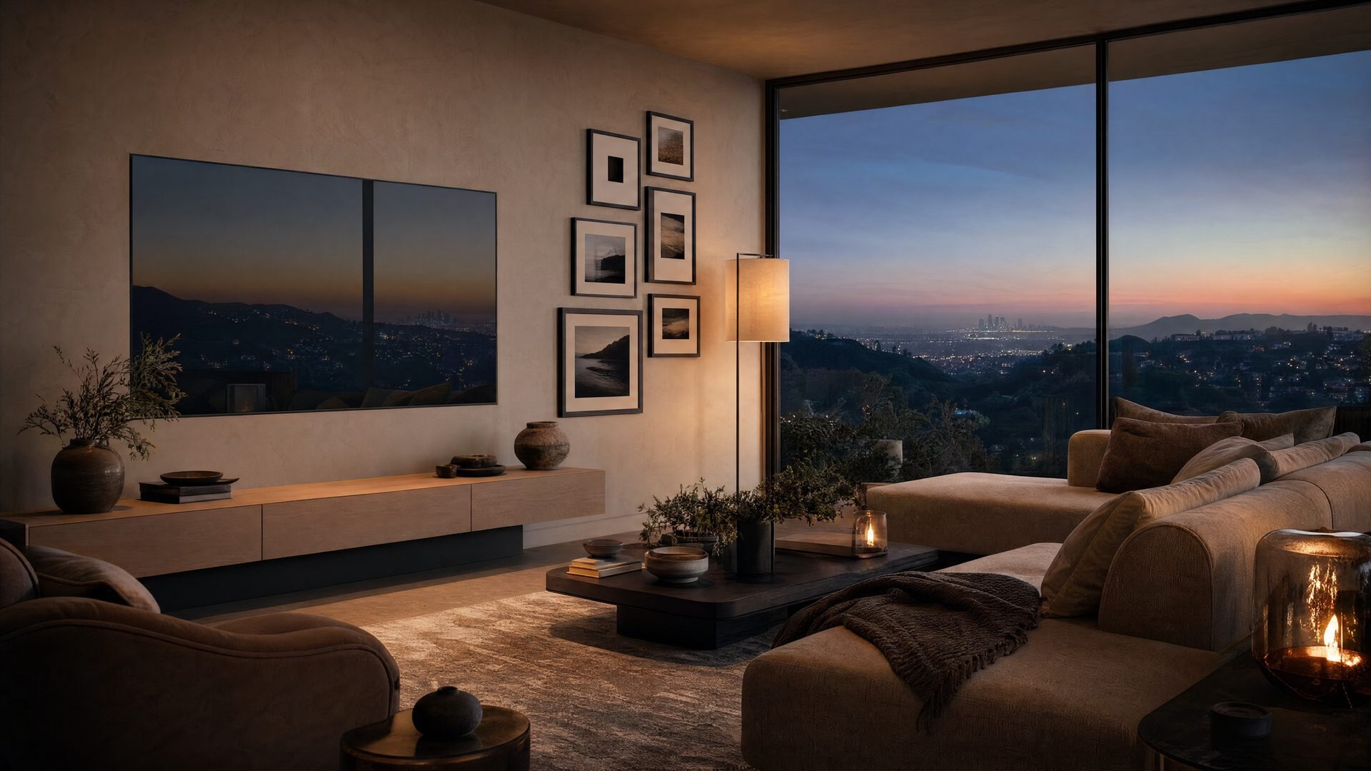 Flush-mounted TV with concealed wiring in a modern California living room